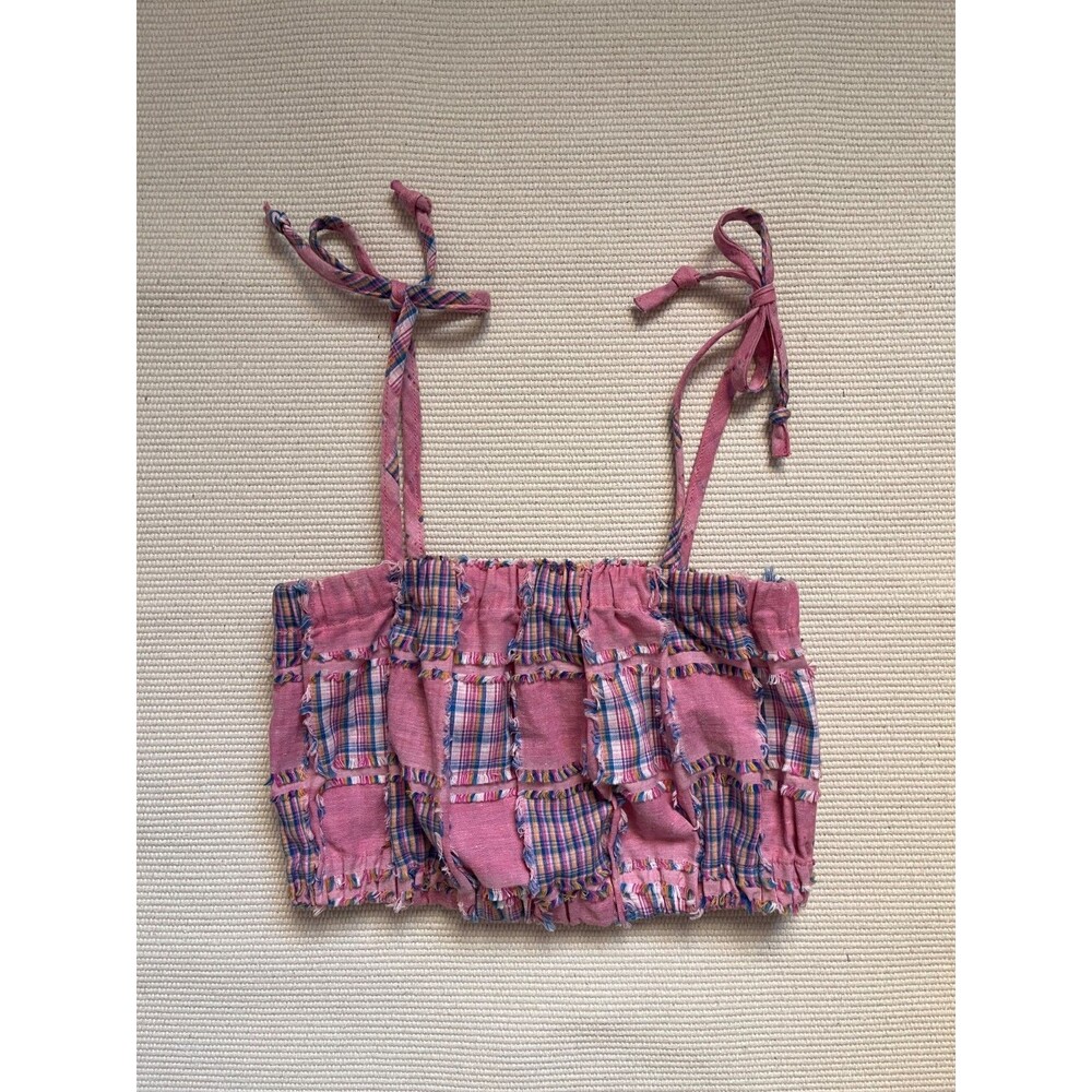 Nettle Studios Plaid Patchwork Tie Shoulder Crop Top in Pink/Blue Size XS